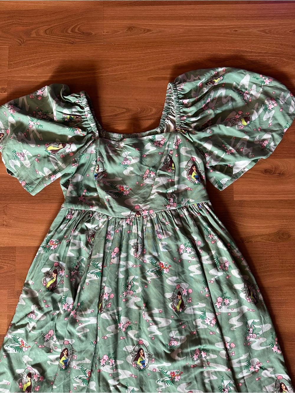 Disney Mulan Princess Mint Green Floral Puff-Sleeve Midi Dress - Picture 9 of 16